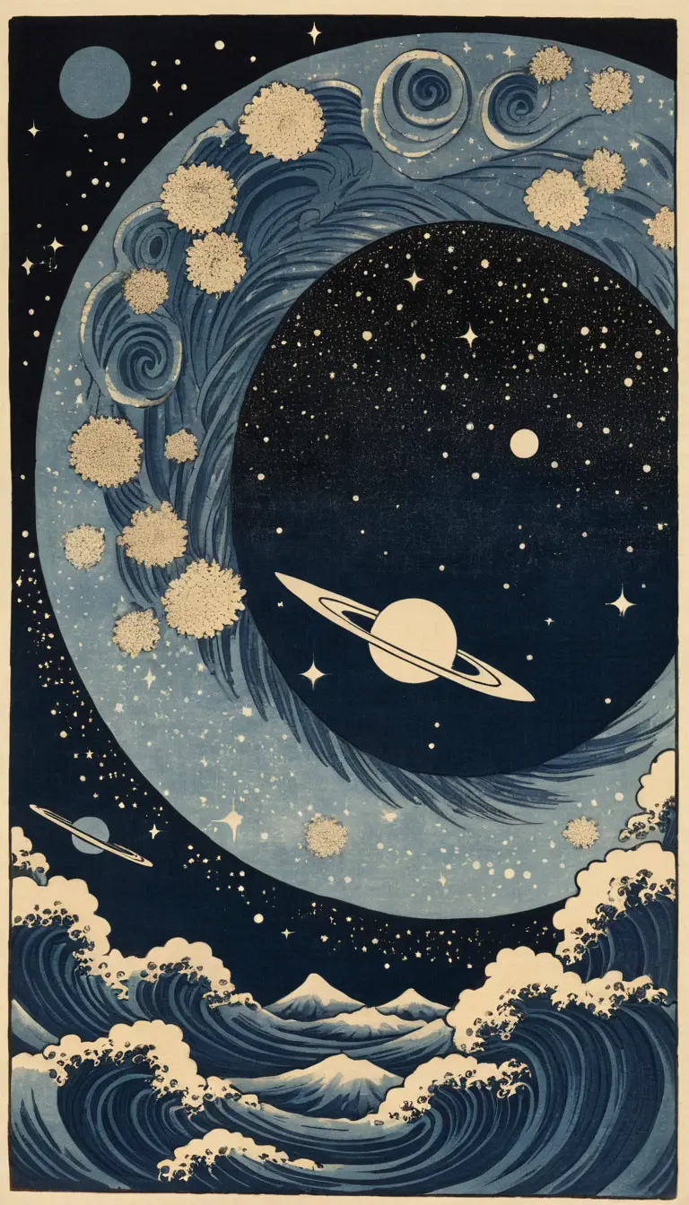 Estampe sur bois d’une galaxie nébuleuse en spirale sur parchemin vieilli