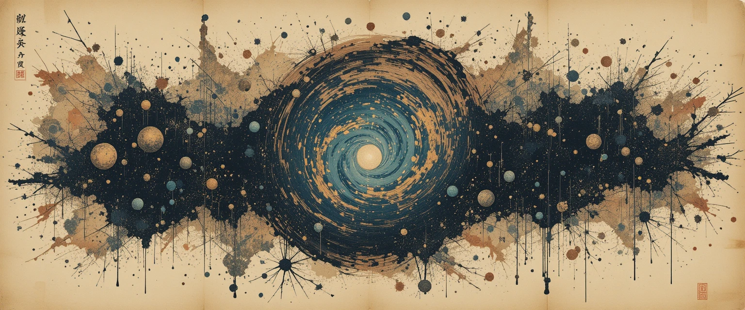 Woodblock galaxy swirling across parchment in mystical style