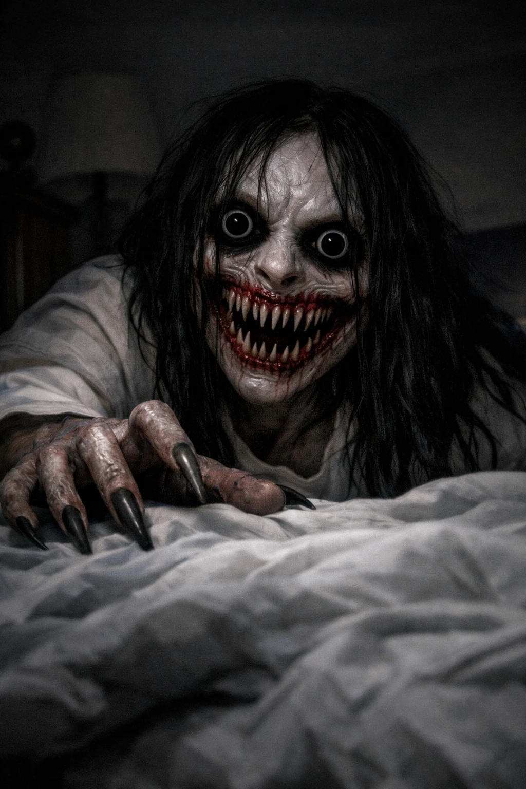 Terrifying monster emerging from a bed in dim bedroom