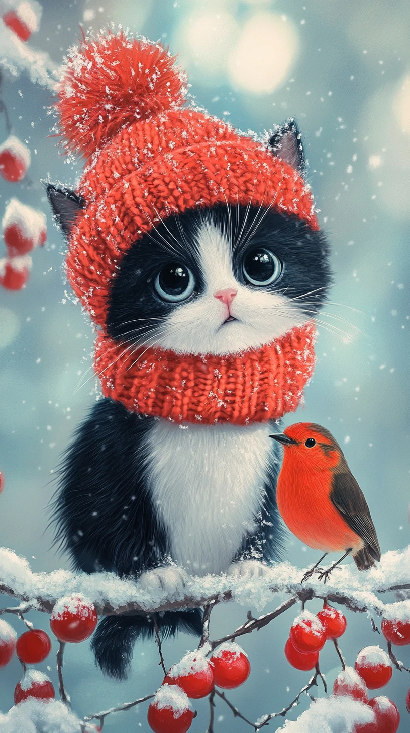 Chat et bouvreuil avec bonnets d’hiver rouges sur une branche enneigée