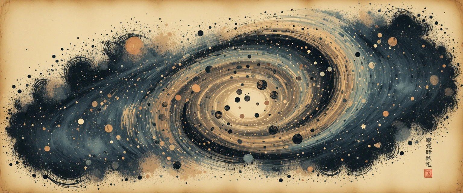 Galáxia em xilogravura girando por um céu de pergaminho antigo