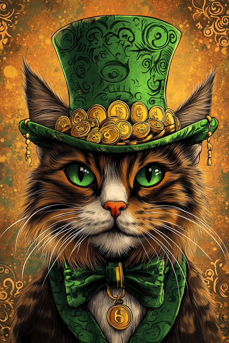 Gata diva festiva com cartola verde e moedas de ouro
