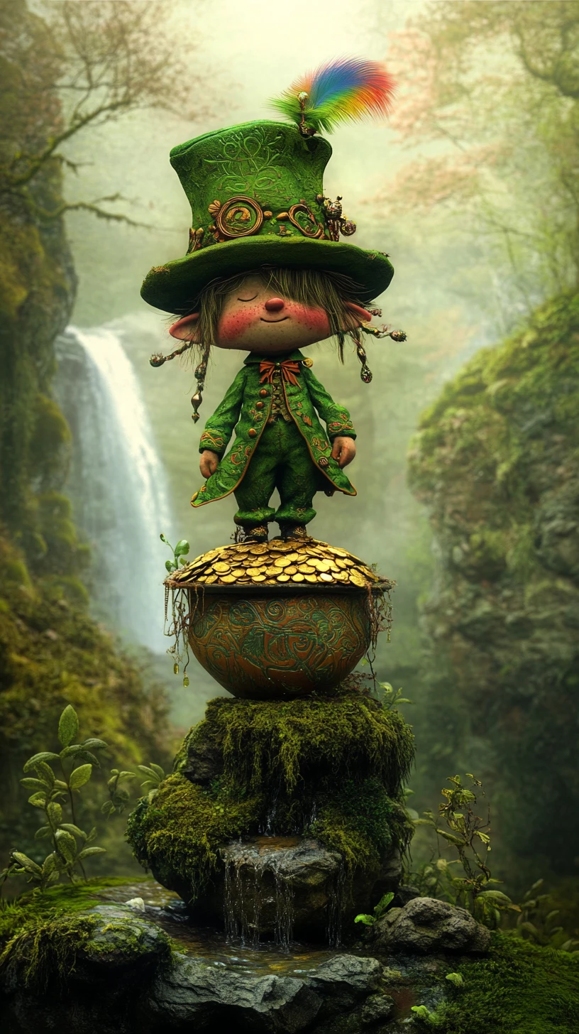 Leprechaun che sorveglia l’oro su una roccia muschiosa nella foresta