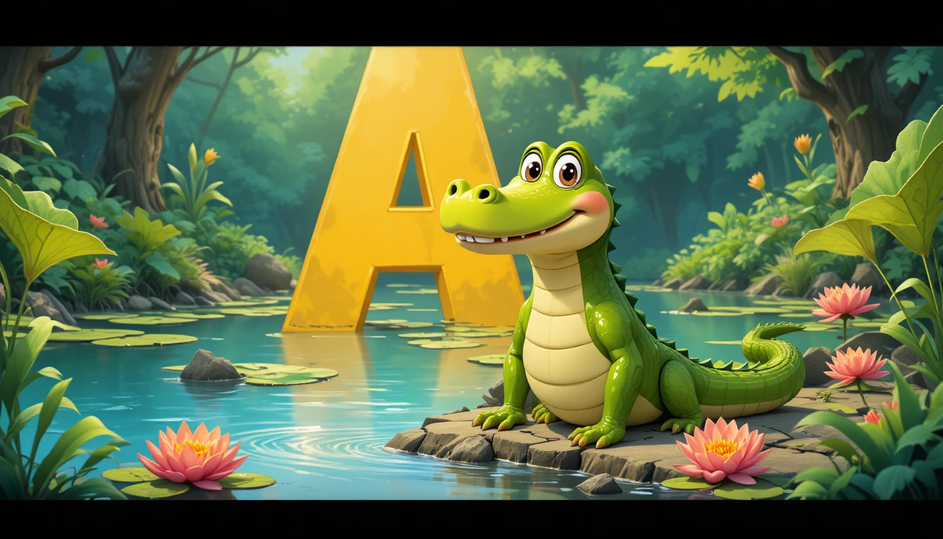 Playful cartoon alligator by a calm riverbank scene