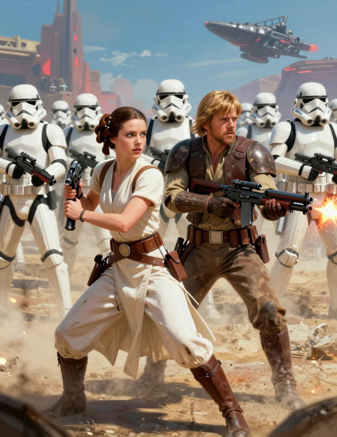Sci fi heroes fighting stormtroopers on a dusty battlefield