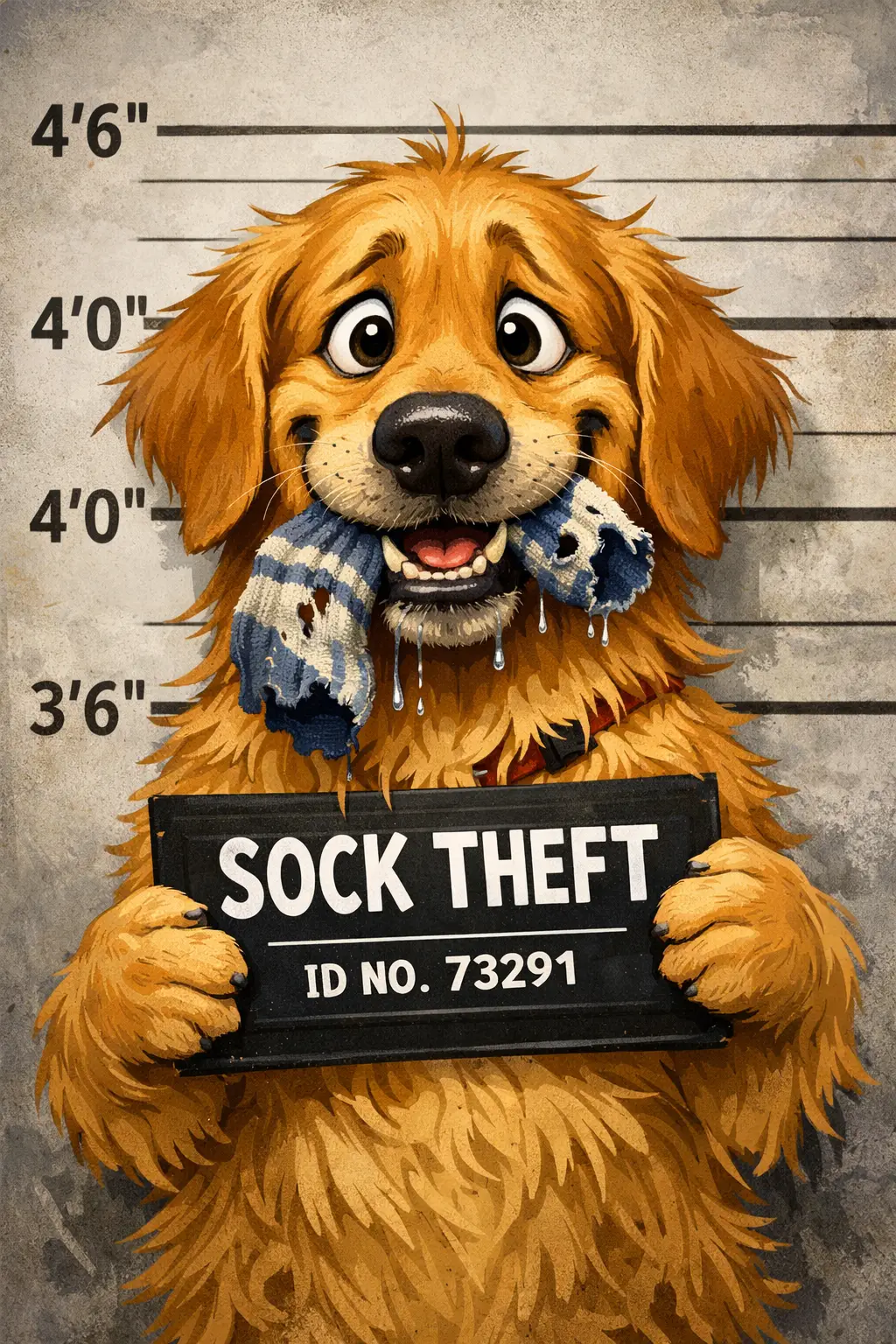 Golden retriever buffo in stile cartoon in una giocosa foto segnaletica