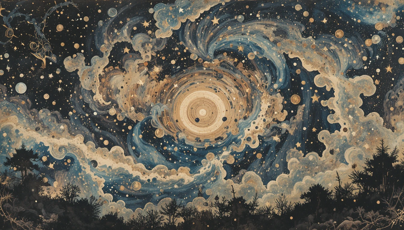 Woodblock galaxy swirling across an antique parchment sky