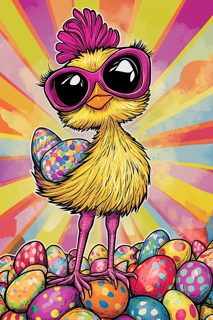 Tiny chick diva posing on colorful Easter eggs