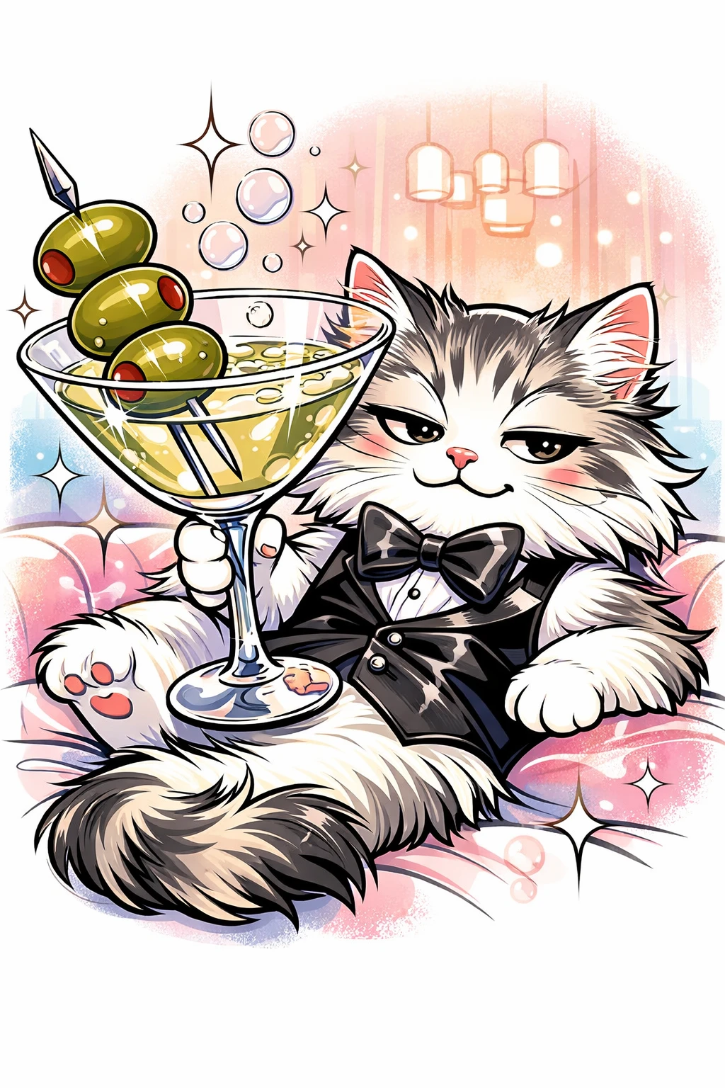 Chat duveteux et suffisant avec martini dans un bar à cocktails pastel