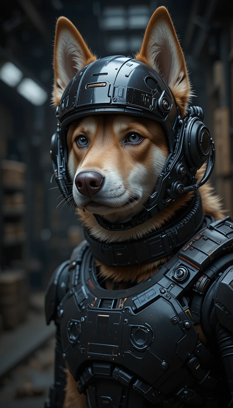 Husky blindado com capacete exoesqueleto sci‑fi futurista