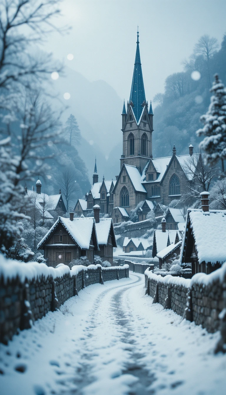 Snowy village with stone walls and gothic church spires