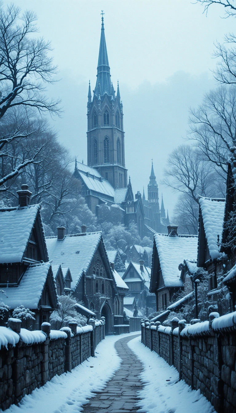 Pueblo cubierto de nieve con iglesia gótica y muros de piedra