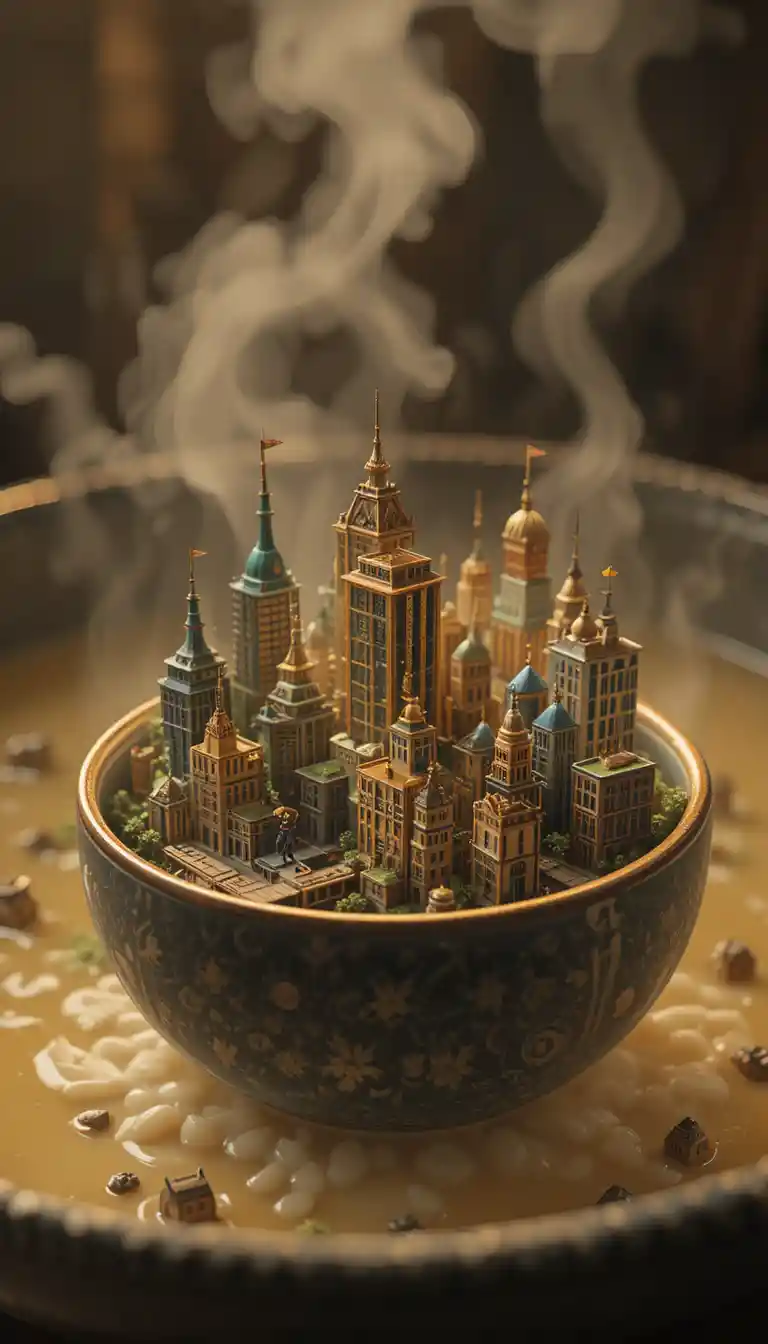 Miniature city rising from a steaming bowl of soup