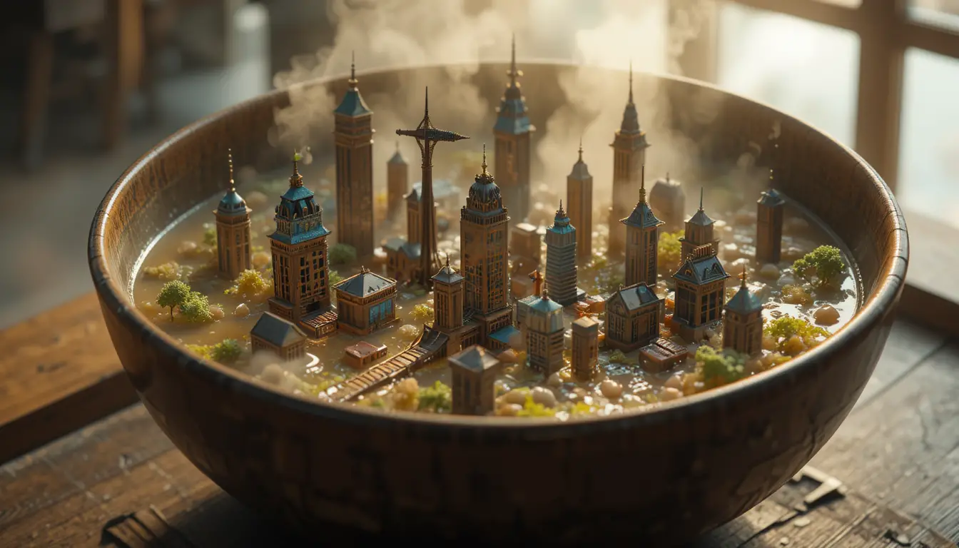 Whimsical miniature city rising from a steaming soup bowl
