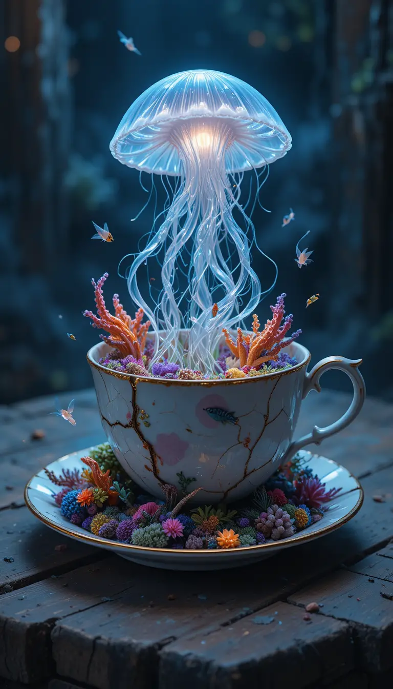 從破裂瓷茶杯中浮現的生物發光水母