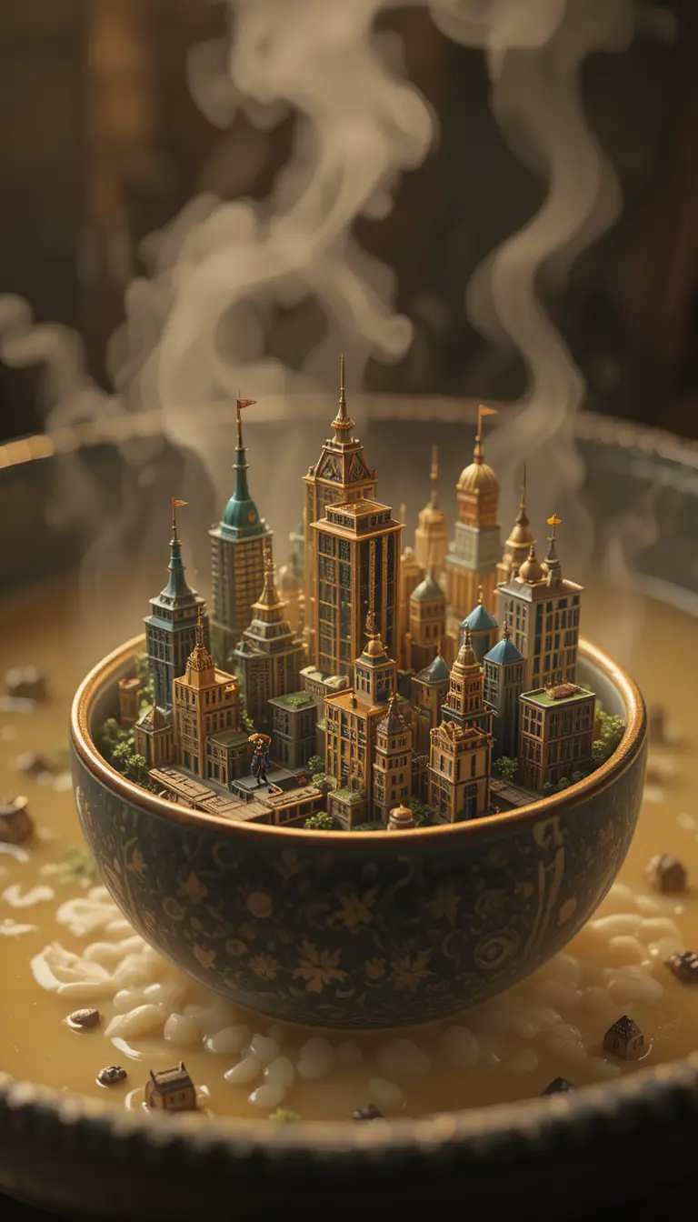 Miniature city rising from a steaming bowl of soup