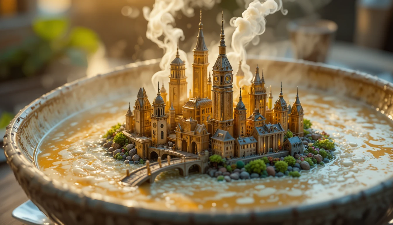 Whimsical fantasy city rising from a steaming soup bowl