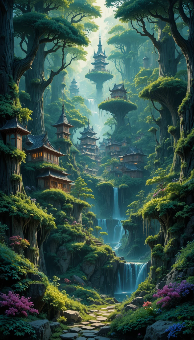 Glowing fantasy city hidden in an ancient forest