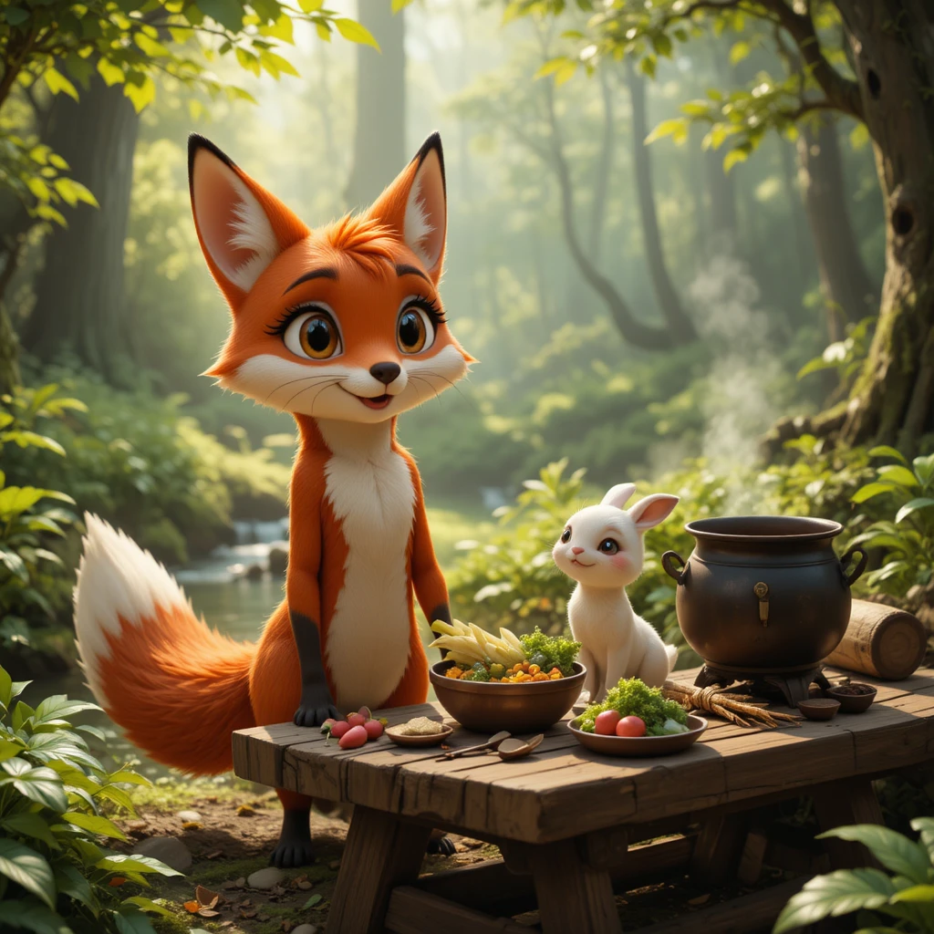 Joyful fire fox and rabbit cooking in a sunlit forest