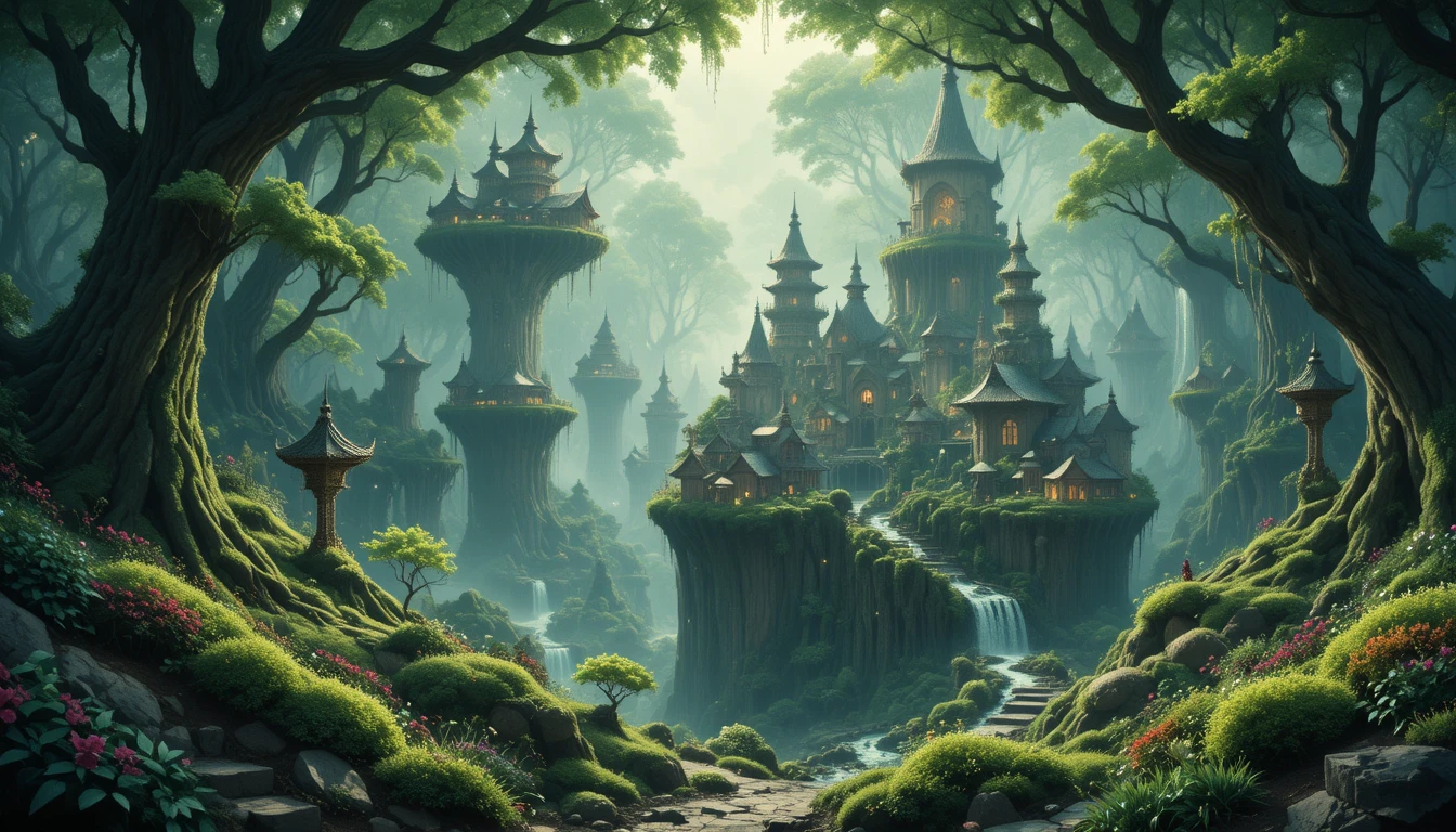 Città fantasy luminosa nascosta in una foresta antica