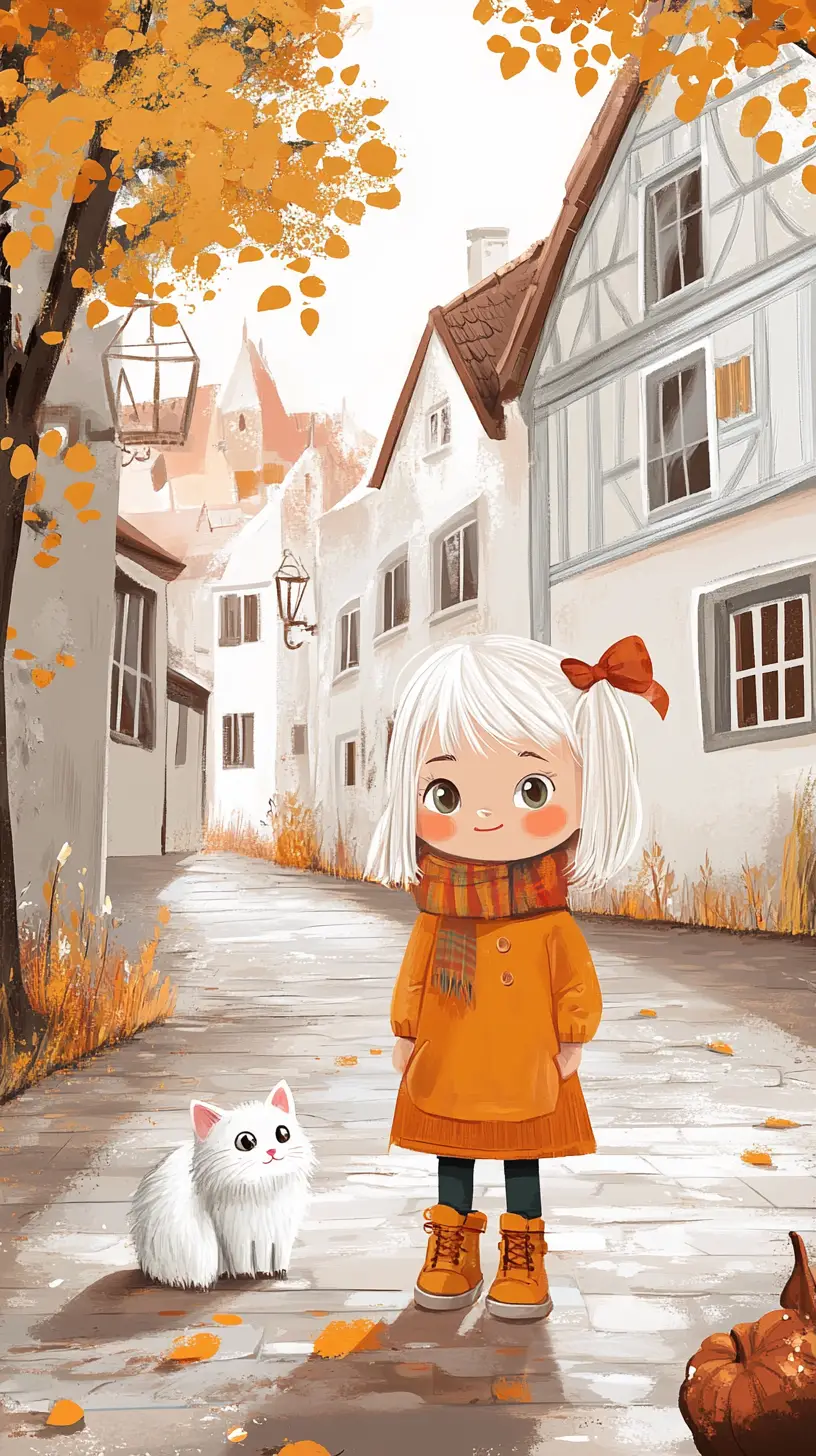 White haired girl in rain boots on a sunny wet street
