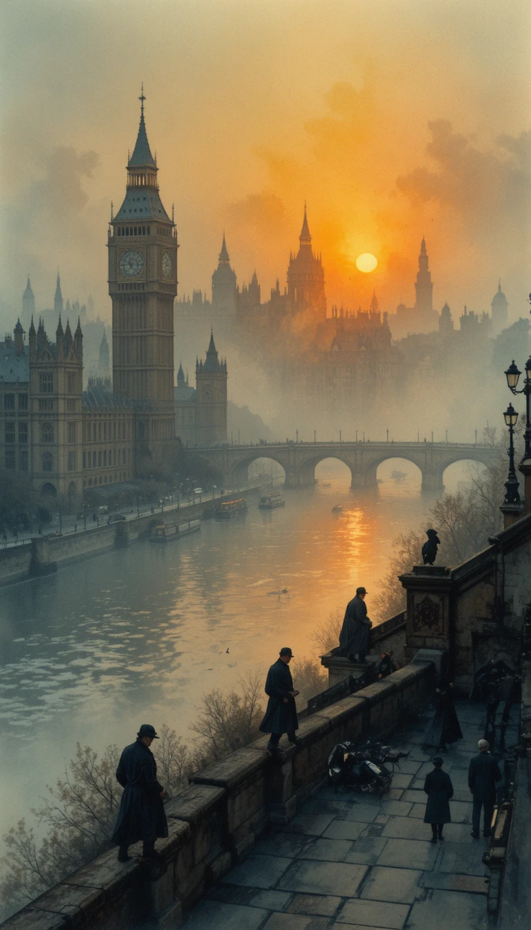 霧に包まれたロマンチックなロンドンの川辺の夕景・水彩画
