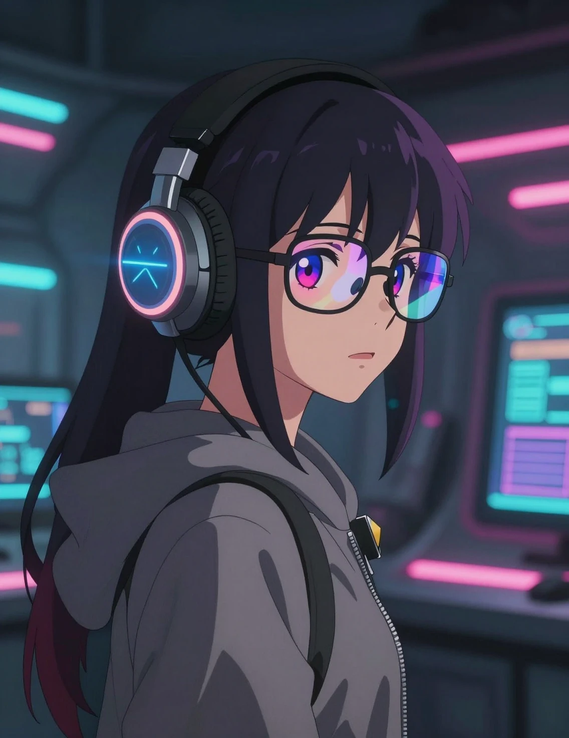 Chica tecnomante de anime en centro de control cyberpunk neón