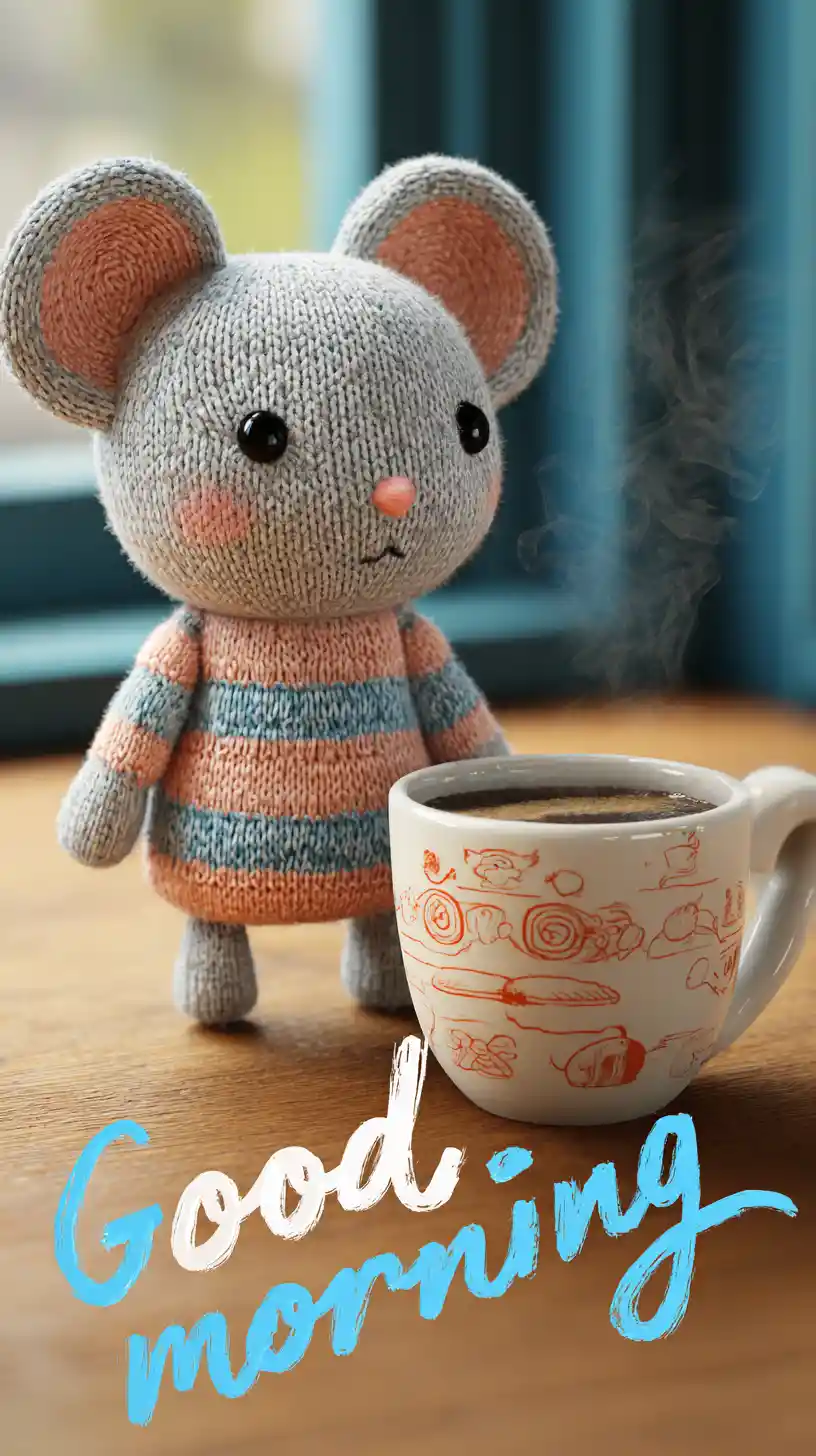 Whimsical mouse by a coffee cup with good morning text