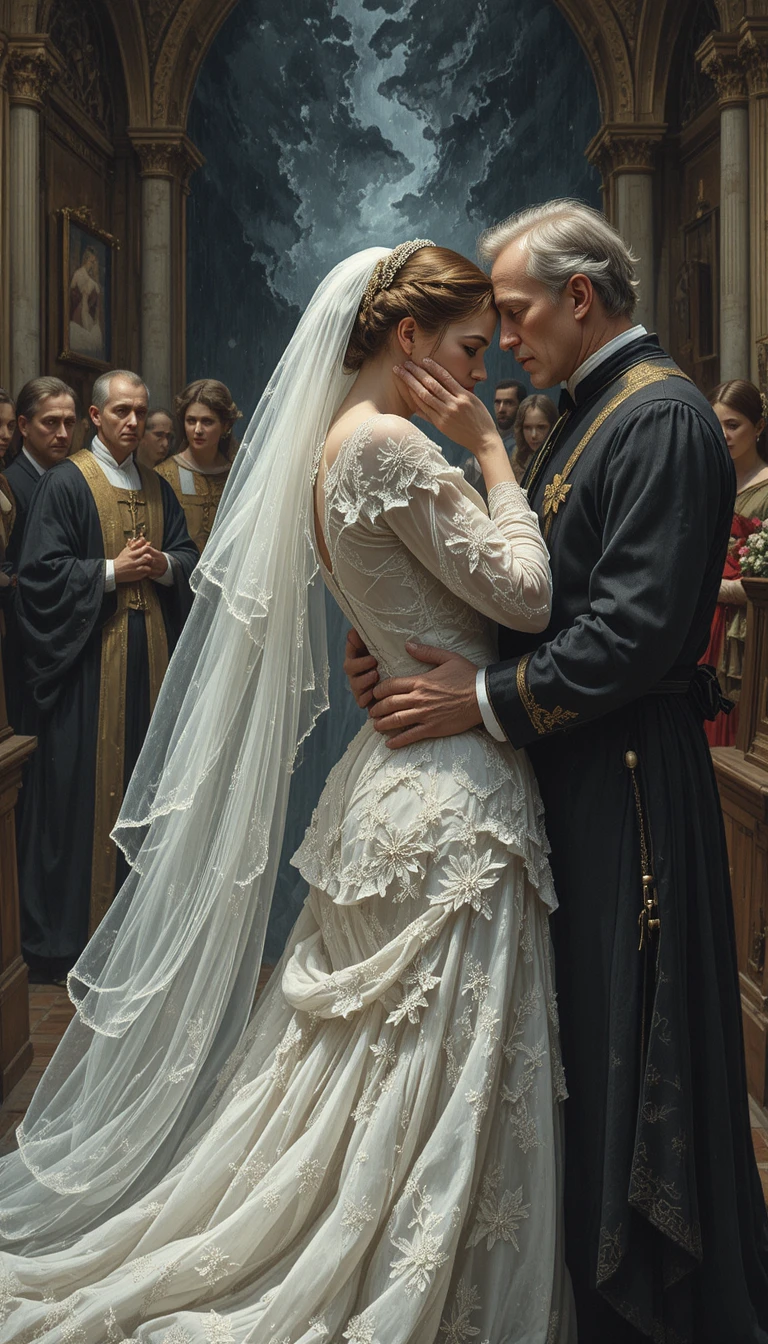 Weeping bride in white lace dress inside a church