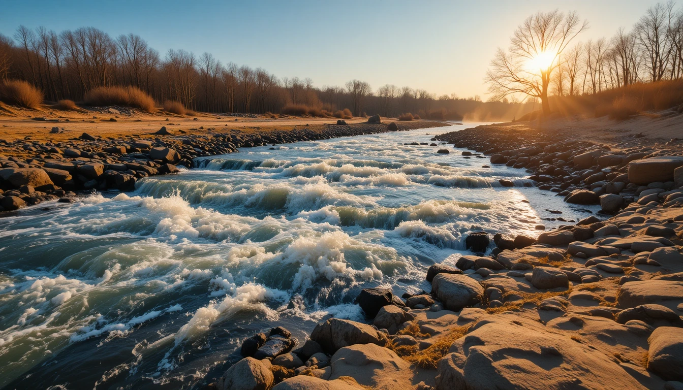 Sunlit river rushing through rocky brown riverbank landscape