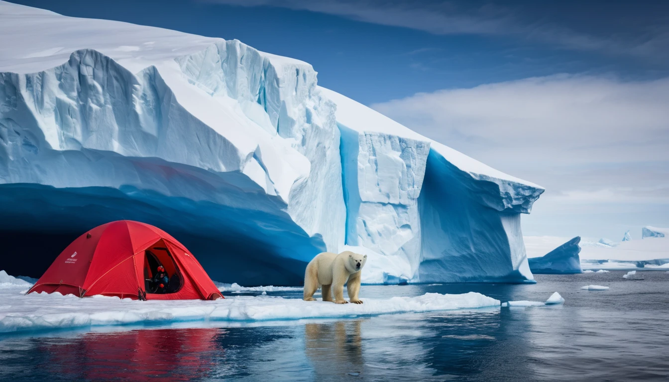 Urso‑polar e tenda vermelha em um vasto iceberg antártico