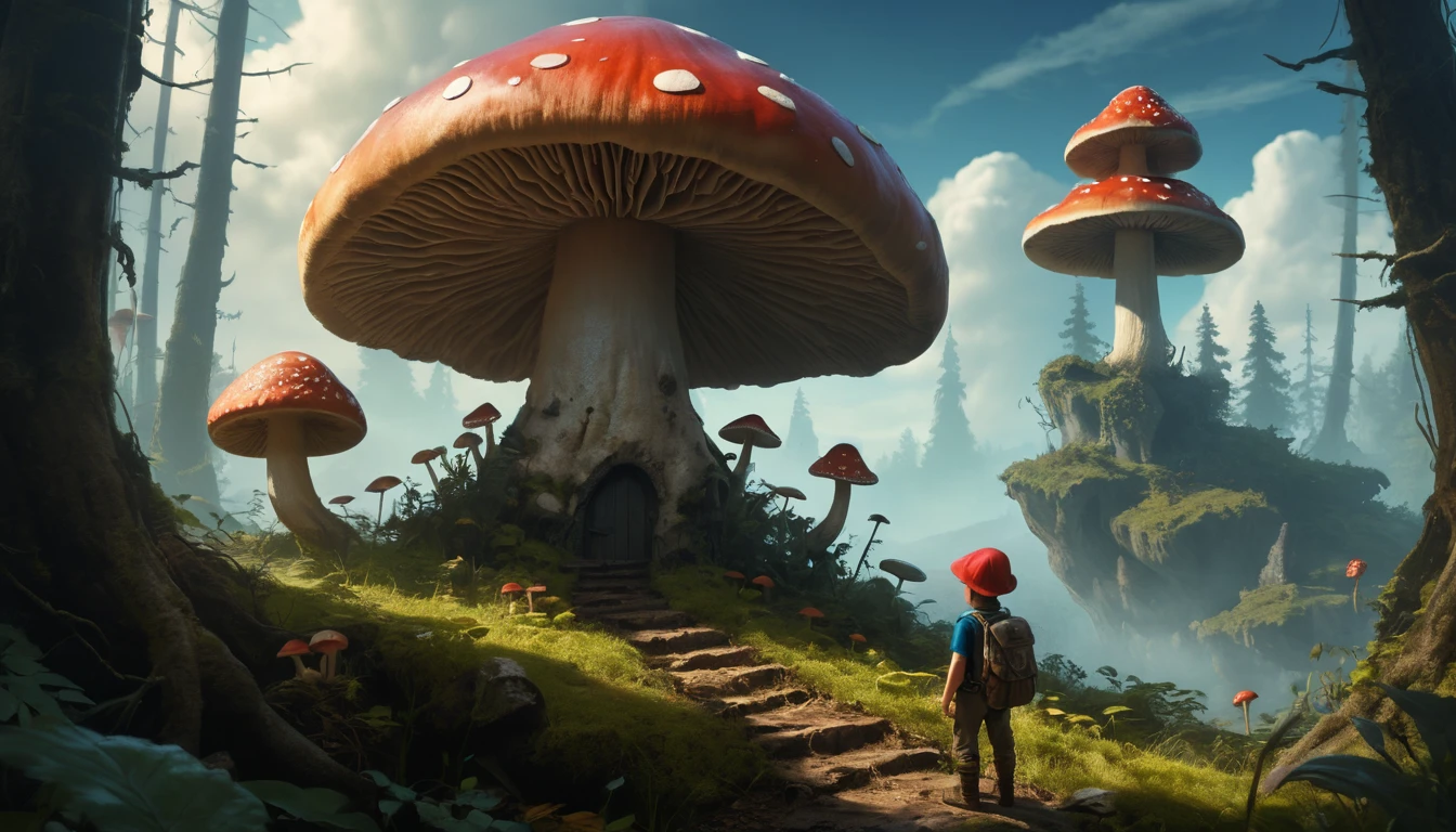 Minuscolo avventuriero in cima a un fungo gigante in una foresta fantasy
