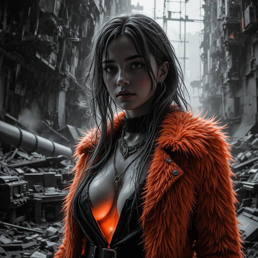 Cyberpunk woman in ruins during a violent daylight storm