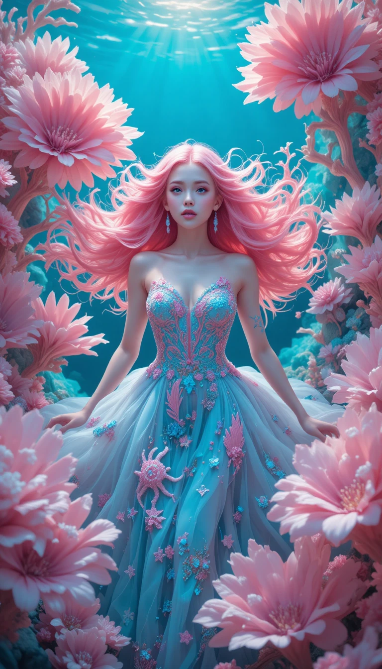 Ragazza dai capelli rosa che fluttua tra giganteschi fiori di corallo sott’acqua
