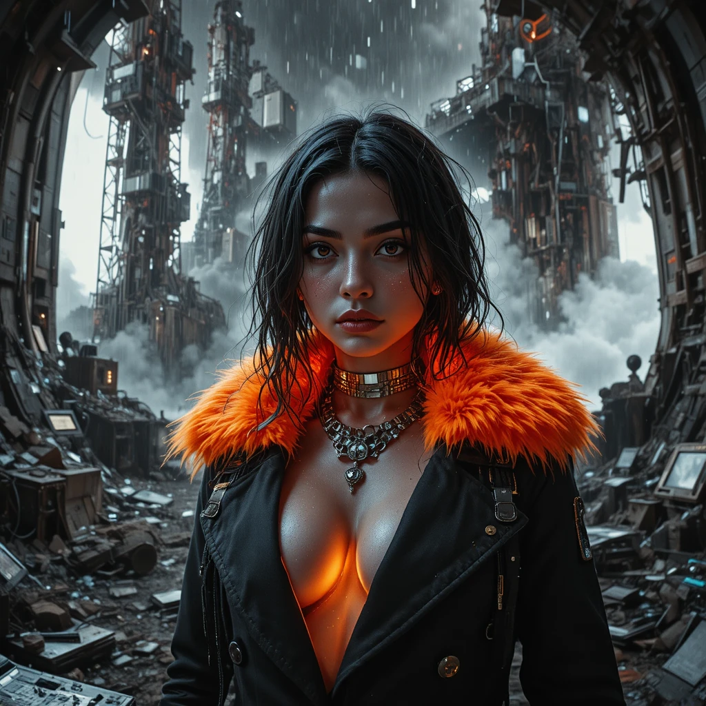 Cyberpunk woman in ruins during a raging daylight storm