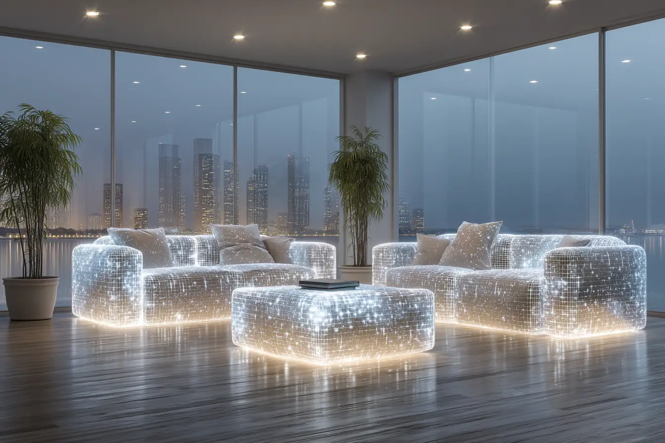 Mobilier à structure en maille dans un intérieur futuriste inspiré des hologrammes