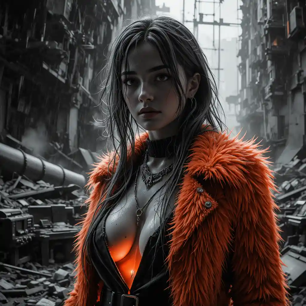 Cyberpunk woman in ruins during a violent daylight storm