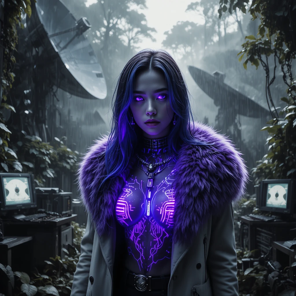 Cyberpunk femme fatale in jungle ruins under soft daylight