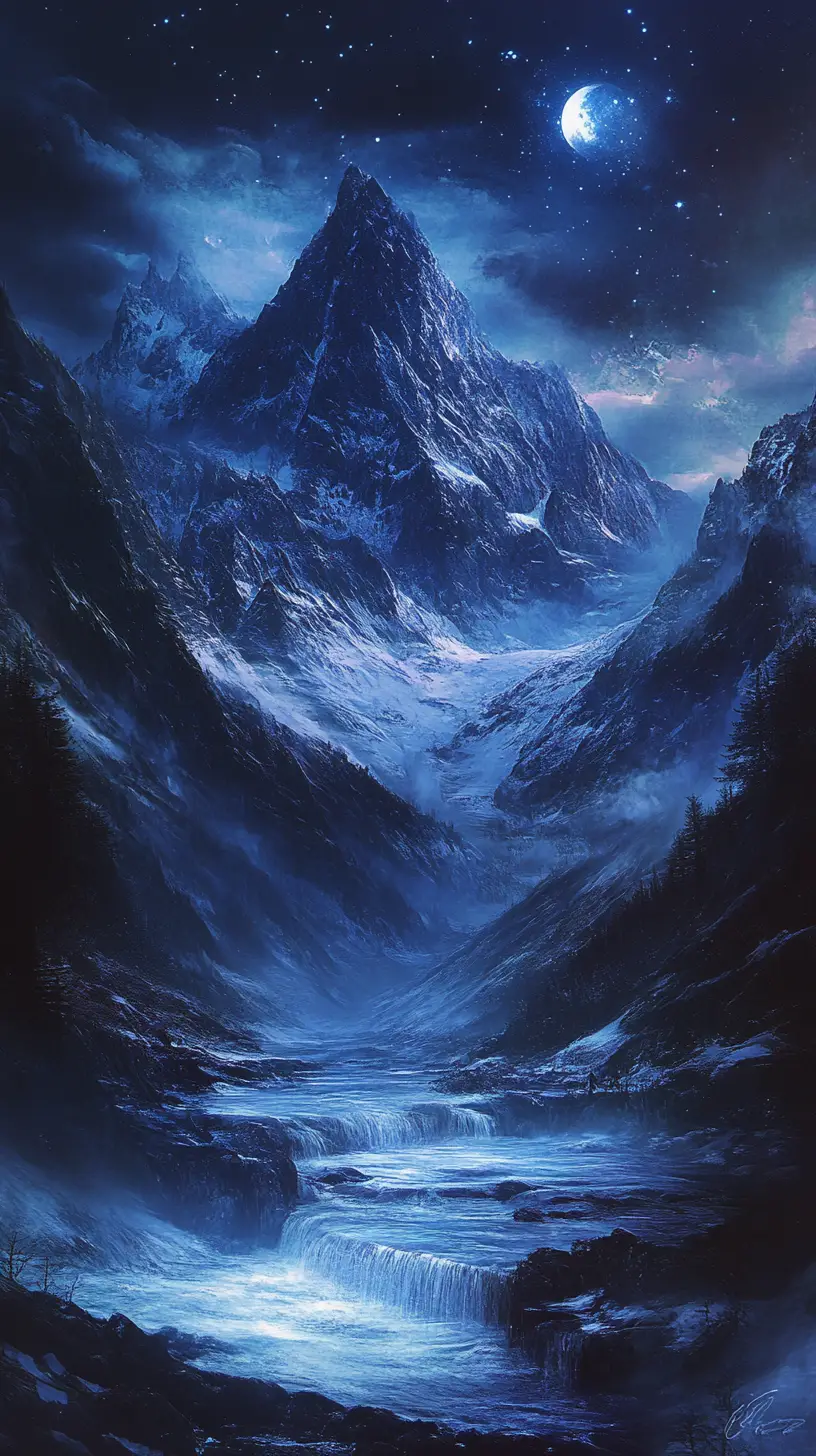 Lonely figure waiting by a fountain below the dark mountain