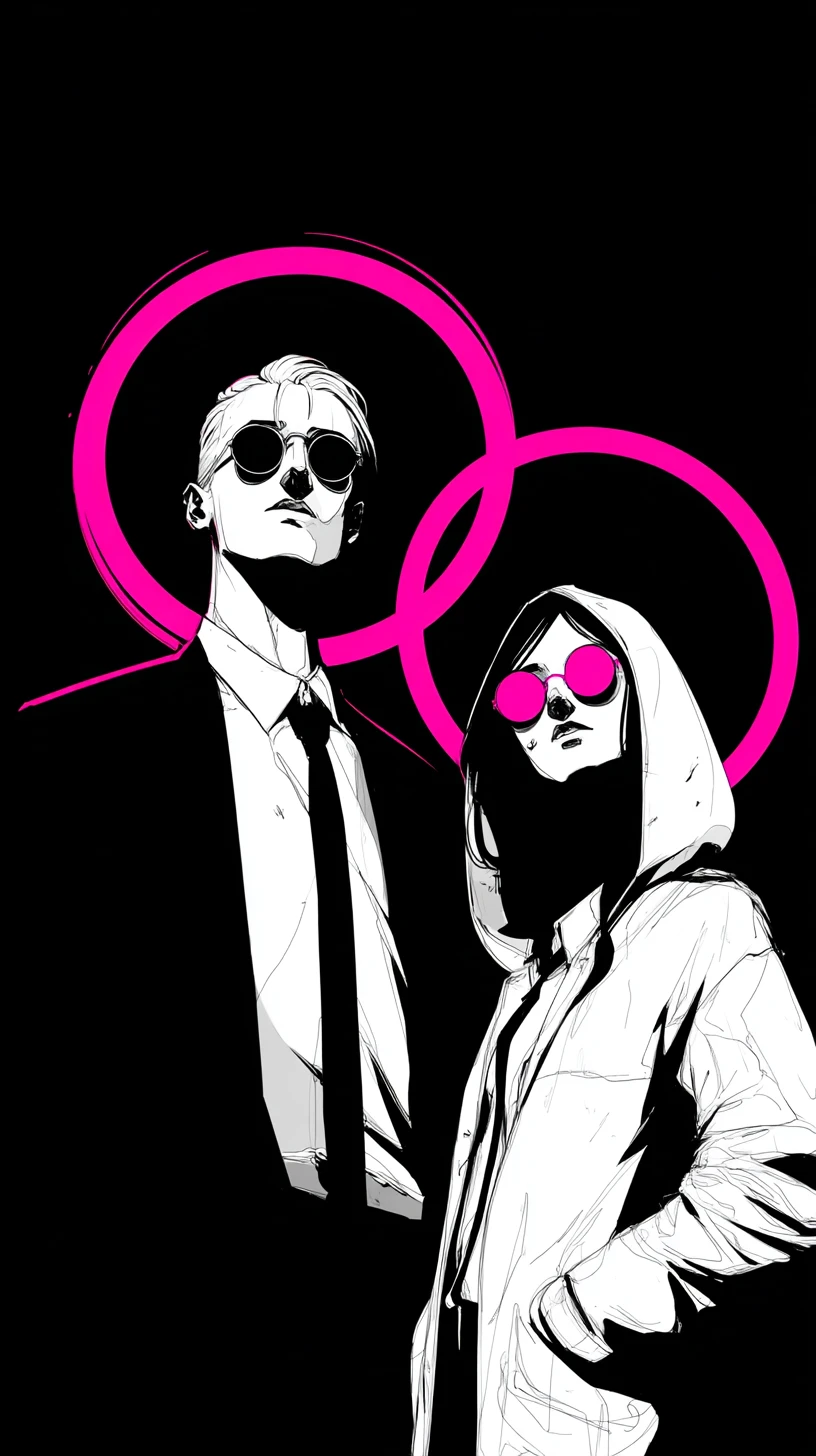 Casal noir sob halo de neon em estilo gráfico marcante