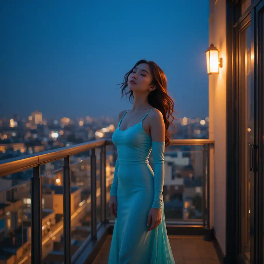 Korean woman in turquoise nightgown on a midnight balcony