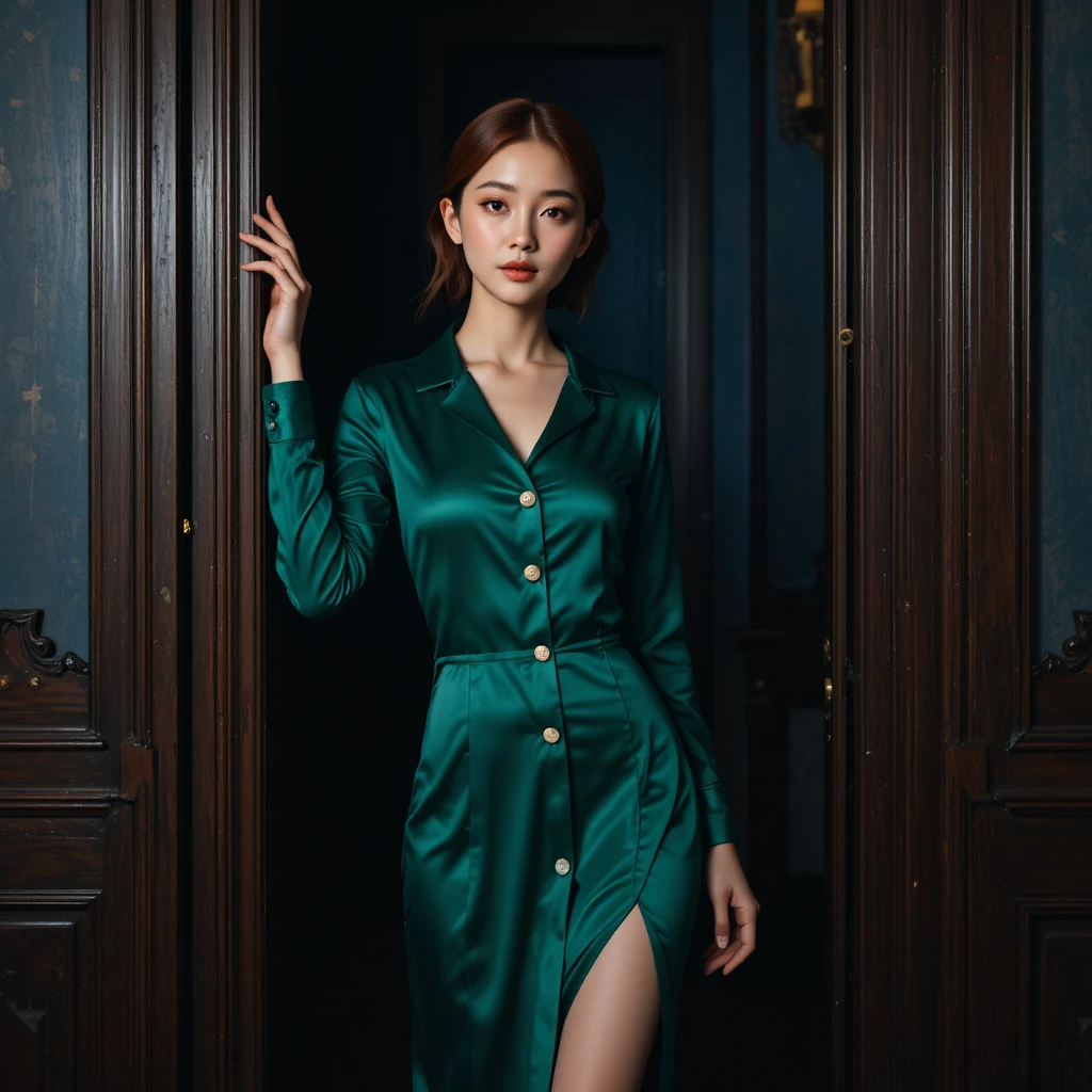 Donna coreana con camicia da notte di seta color smeraldo in una buia porta