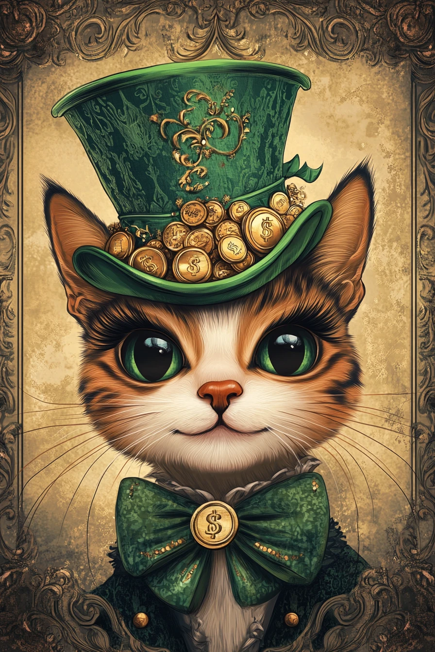 Gata diva com cartola verde e enfeites de moedas de ouro