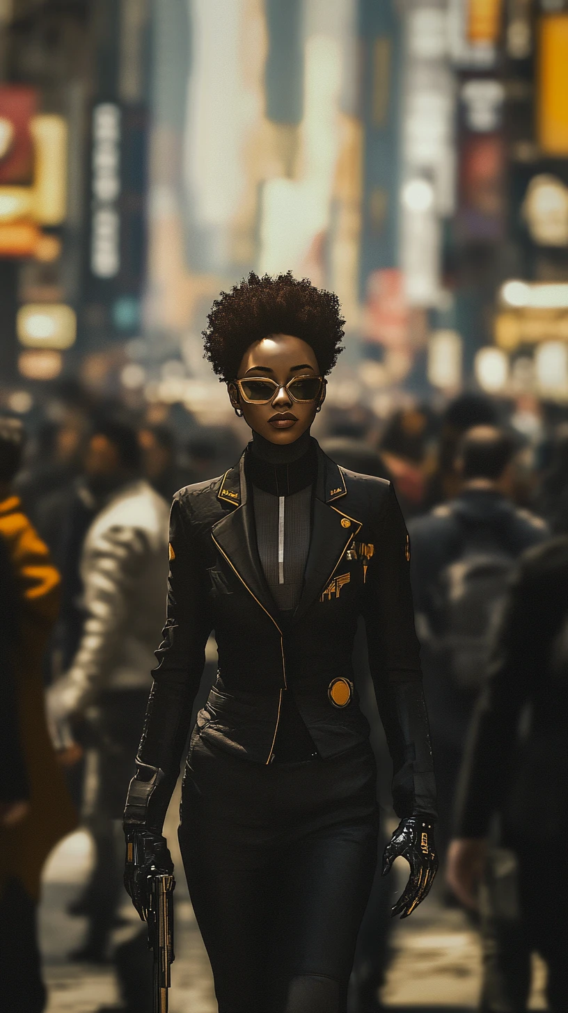 Mulher negra em traje cyberpunk em rua movimentada da cidade