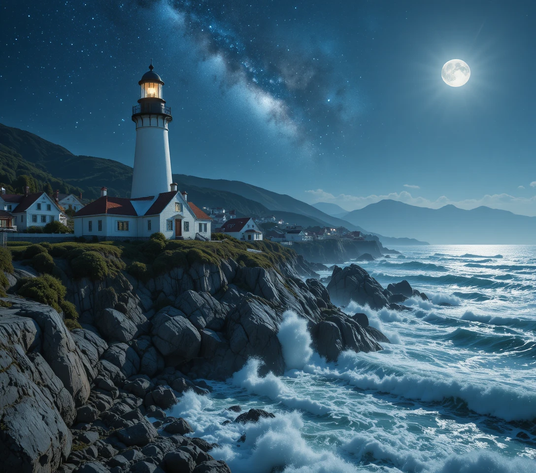 Majestic Lighthouse Above A Quaint Seaside Village At Night
