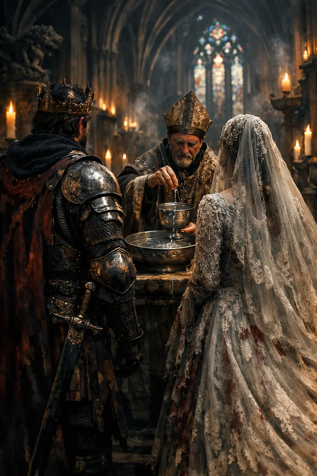 Casamento de fantasia sombria diante do altar em uma catedral gótica