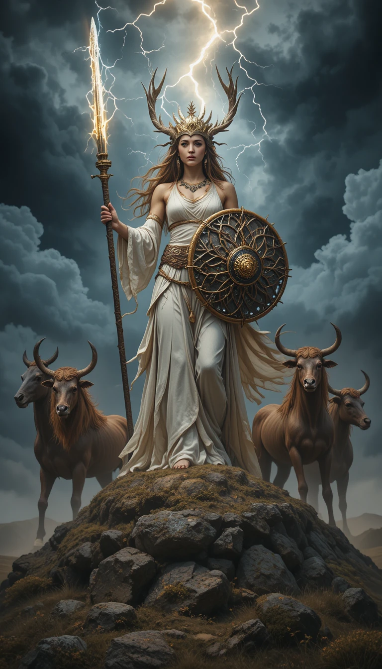Goddess Of The Storm Standing Amid Wild Steppe Animals