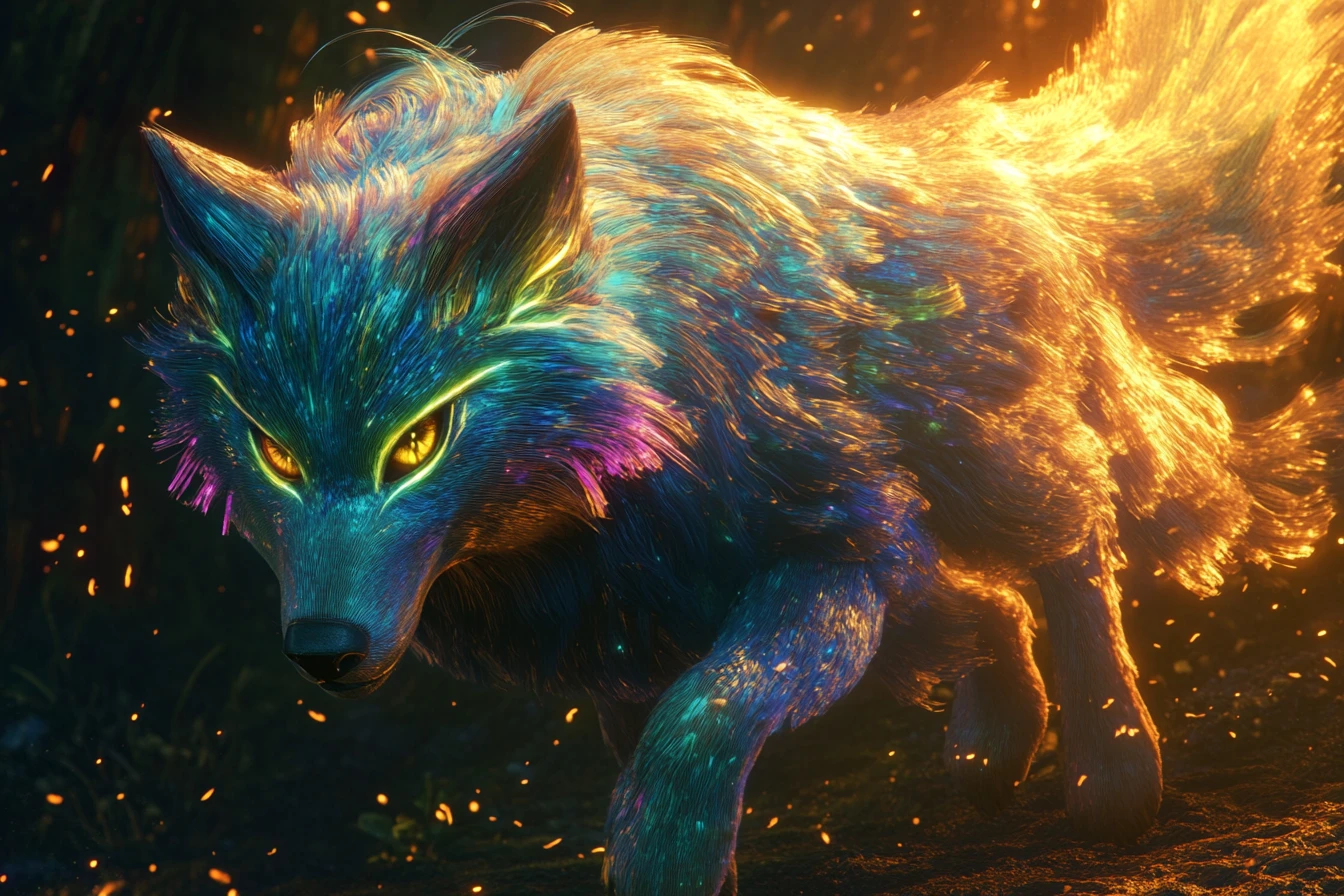 Lobo majestoso e multicolorido com olhos de esmeralda brilhantes na floresta