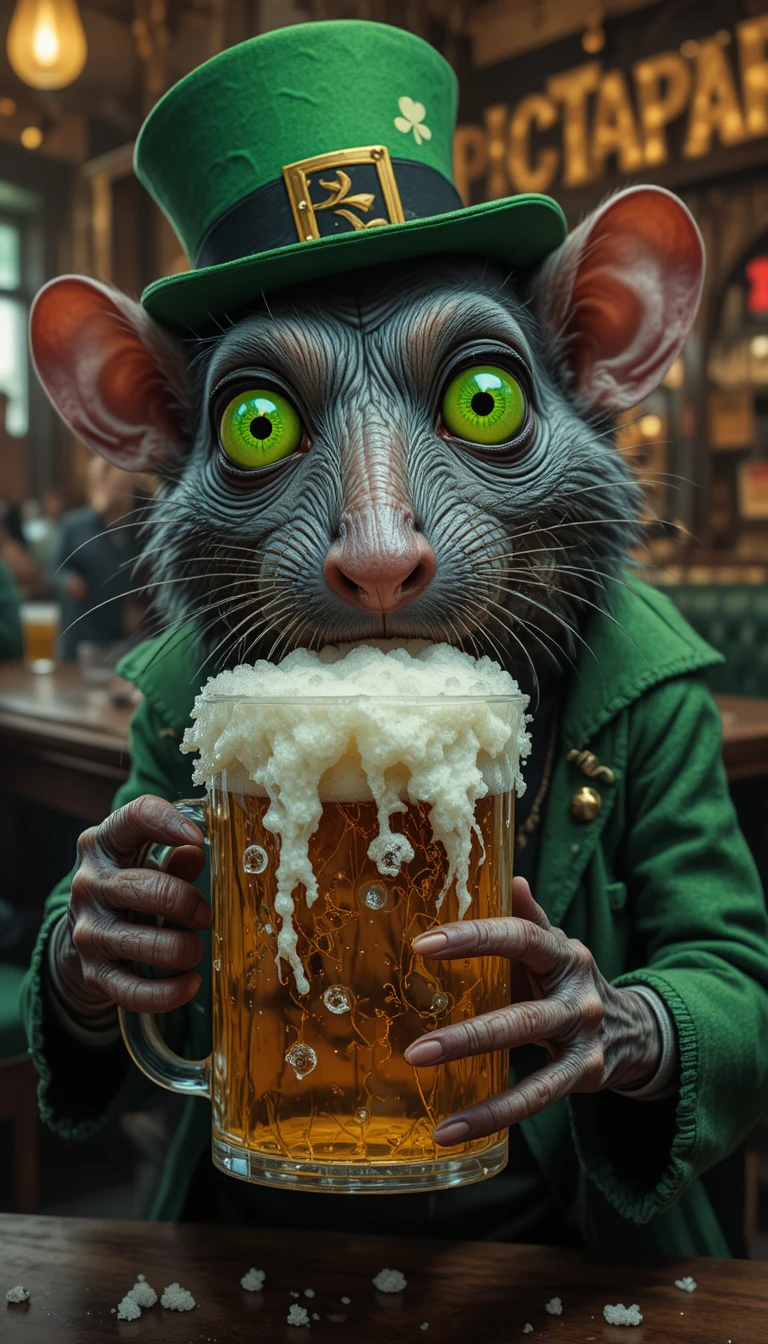 Rat fou aux yeux verts buvant une bière dans un bar