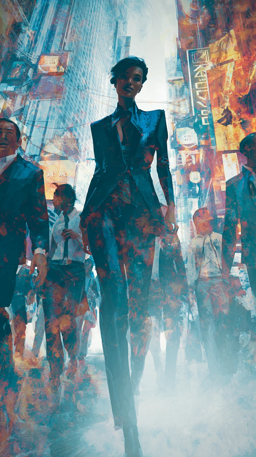 Mulher negra em traje cyberpunk caminhando por rua movimentada da cidade
